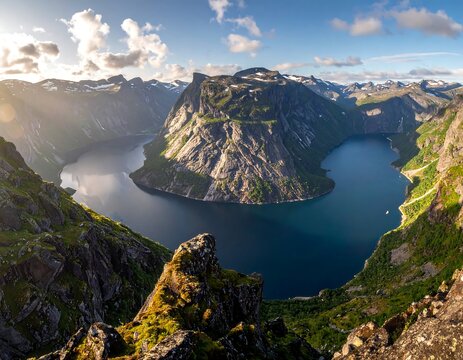 Aerial view of a serene fjord surrounded by rugged mountains and lush greenery under a partly cloudy sky