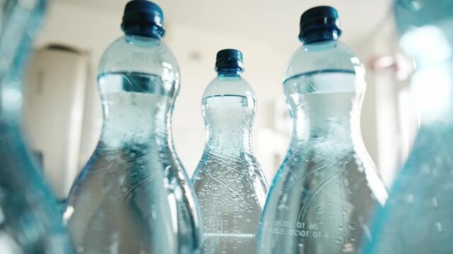 Smooth Camera Drives Among Big Blue Bottles Of Mineral Sparkling Water On The Table