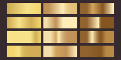 A set of swatch gold gradients. Polished metal hologram textures. Foil gradient backgrounds. Shiny champagne gold and satin bg. Rectangular soft honey gold samples for luxury and rich design © Sainal