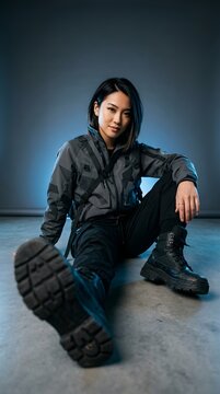 Stylish Young Woman Wearing Tactical Gear Sitting On Floor In Dark Studio Setting Portrait