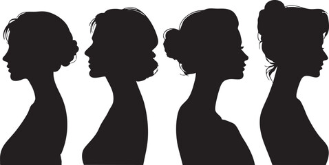 A striking ensemble of four diverse female silhouettes is presented in elegant side profiles, showcasing a beautiful array of classic and contemporary hairstyles. © IconicWave