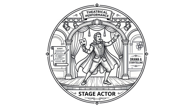 Stage Actor Performing Drama on Theater Stage with Mask and Script