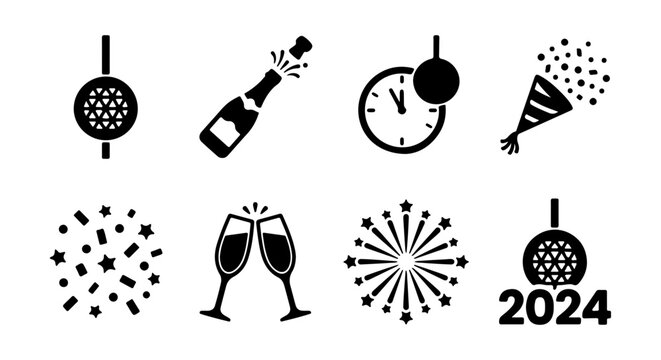 New Year 2024 Icons: Champagne, Countdown Clock, Confetti, Celebration Vector Set