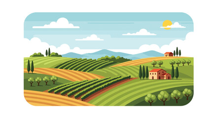 Fototapeta premium Flat style vector of an Italian vineyard landscape with rolling hills and cultivated fields, showcasing agricultural scenery and rural tourism