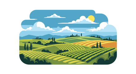 Fototapeta premium Flat style vector of an Italian vineyard landscape with rolling hills and cultivated fields, showcasing agricultural scenery and rural tourism