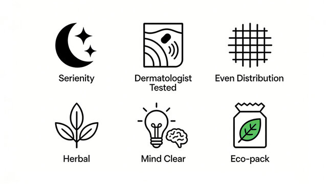 Six herbal fragrance icons represent soothing and refreshing, skin friendly and even fragrance, and environmentally friendly packaging concepts, suitable for indoor flameless fragrance labeling.
