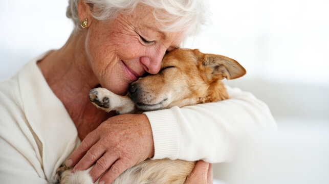 Senior woman embracing beloved pet dog at home showing companionship emotional support comfort wellbeing and lifelong friendship