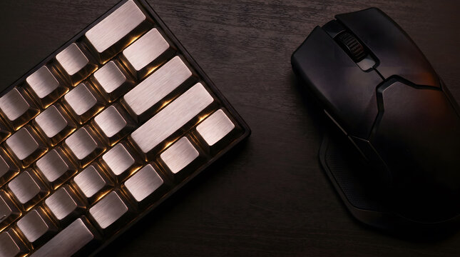 Metal keycap backlit keyboard and black gaming mouse on dark wooden desk