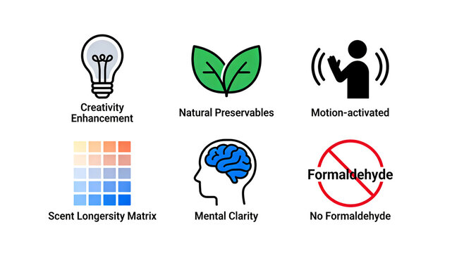 Six intelligent fragrance icons represent creative awakening, sensory release, and natural formaldehyde free concepts, suitable for labeling office intelligent fragrance products.
