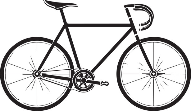 A minimalist illustration of a sleek black road bicycle, showcasing its frame, wheels, and handlebars with clean lines and a dynamic stance.