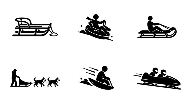 Winter Sports Icons: Sledding, Snowboarding, Bobsled, Dog Sledding, Snow Tube Vector Set