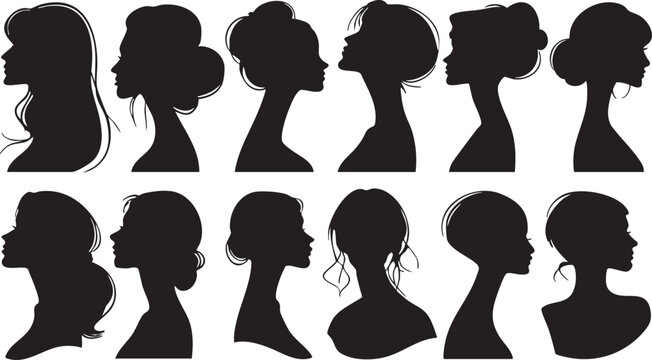 An extensive array of twelve elegant female side profile silhouettes demonstrating a rich variety of sophisticated hairstyles and hair lengths, suitable for diverse creative applications.