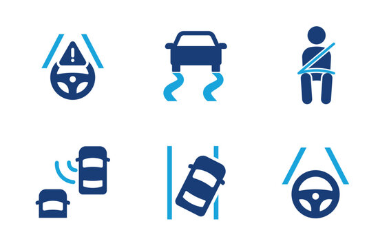 Collection of automotive safety system icons such as blind spot warning, lane departure warning, self-driving assist, seat belts, electronic stability control.