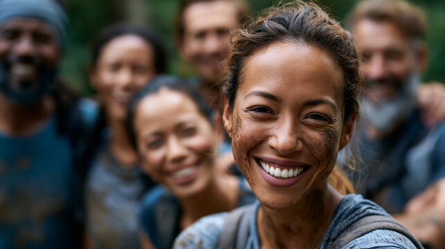 A wide shot of a group of friends grinning softly and mud splattered after finishing a calm challenging outdoor run together mud run open faces bright outdoors daylight