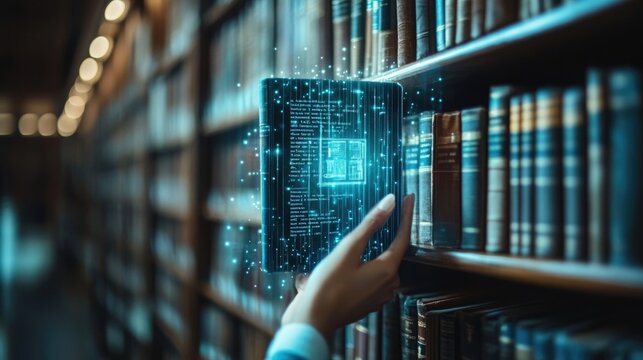 E-library concept, person touching Ebook icon on virtual screen for electronic books, digital library, and online knowledge base