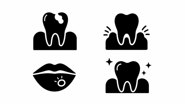 Black glyph icons themed cavities, inflamed swollen gums, canker sores on the lips, and clean, clear, and healthy teeth