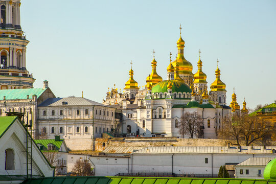 Assumption Cathedral 11th century church. Domes of Kyiv Pechersk Lavra Monastery Architecture 1073 year in Ukraine.