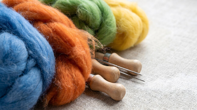 Colorful wool fibers and needle felting tools in close-up detail