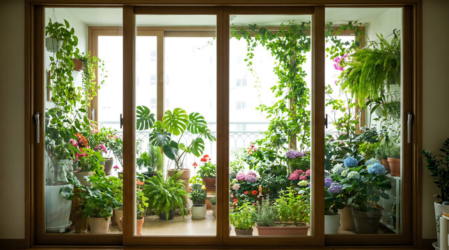 Indoor garden with lush green plants and colorful flowers arranged in front of a large glass sliding door