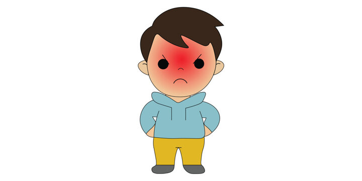Cute cartoon boy standing with a red blushing face from anger or fever, looking furious and grumpy with hands behind back, isolated on white. Vector illustration.