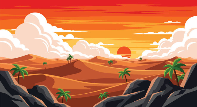 Flat style vector of a Moroccan Middle East desert landscape with sand dunes and oasis vegetation, representing natural beauty and adventure tourism