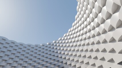 Abstract modern parametric architecture facade with white geometric textured curved wall under blue sky © ilham