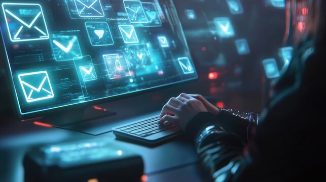 Email concept. Close up of businesswoman typing on computer keyboard with email icons on virtual screen