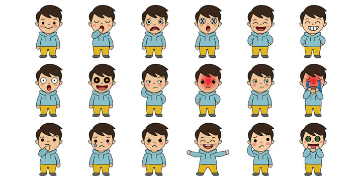 Cute cartoon boy character expression set sheet with various facial emotions, from happy, sad, angry, to surprised, isolated on white background. Vector illustration.