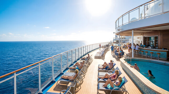 Cruise ship deck with tourists sunbathing on lounge chairs and relaxing by the swimming pool under clear blue sky