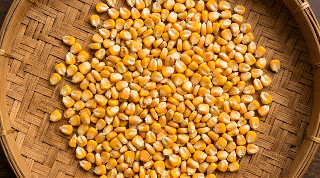Yellow corn kernels displayed in a woven bamboo winnowing basket