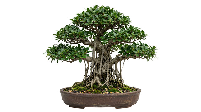 Mature banyan style ficus bonsai tree with aerial roots and green leaves in a brown ceramic pot cutout on a transparent background
