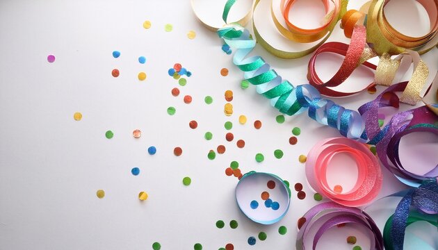 celebration party backgrounds concepts ideas with colorful confetti streamers on white flat lay