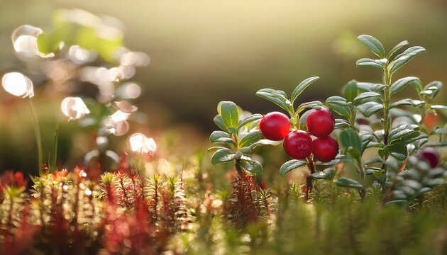 lingonberry vaccinium vitis idaea growing in a swamp nature background