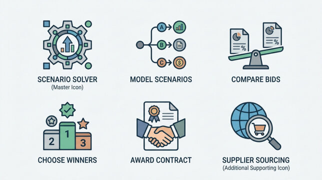 Business procurement process vector icons set for strategic sourcing decision making