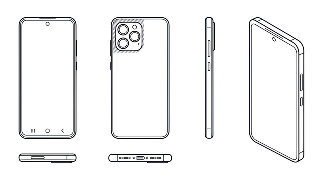 Smartphone Line Art - Front, Back, Side, Isometric Views