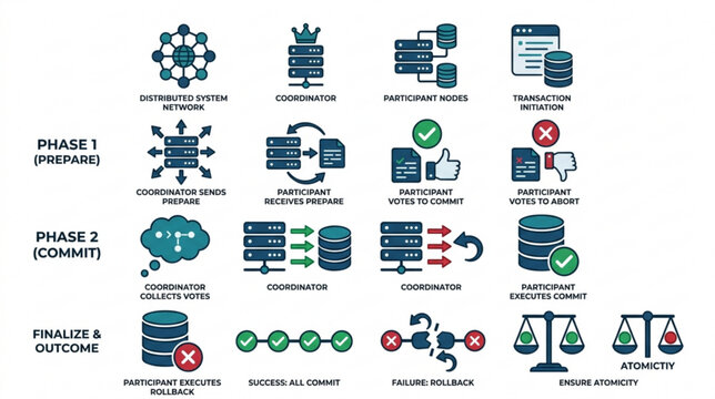 Distributed System Transaction Process Two Phase Commit Flowchart Illustration