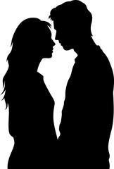 Bold black silhouette of a couple in a tender romantic stance on a transparent background for wedding invitations, love-themed prints, and Valentine's Day designs.