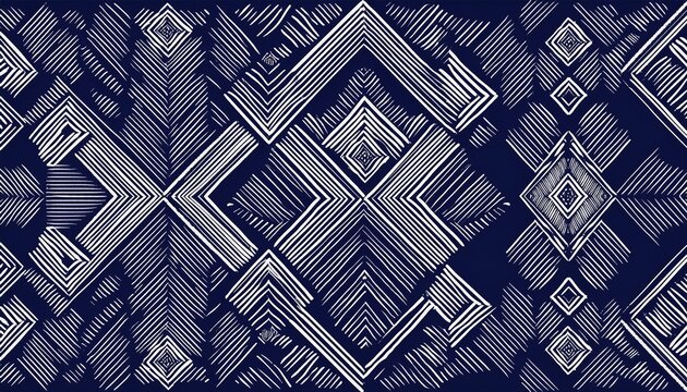 seamless aztec ethnic bohemian pattern with geometric rhombus shapes in white color on dark blue background