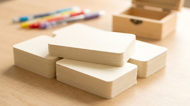 Blank cards stacked on wooden desk with colorful pens and wooden box