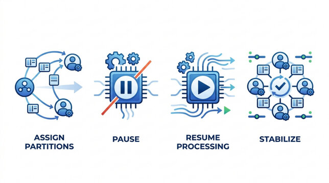 Illustrative visual depicting a distributed system workflow with stages Assign Partitions, Pause, Resume Processing, and Stabilize