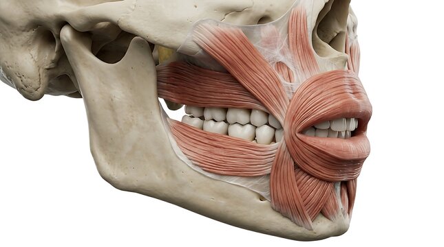 Anatomy of human facial muscles, skull and teeth, 3d medical illustration isolated on white background