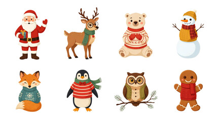 Set of cute christmas pixel art characters including santa claus reindeer polar bear snowman fox penguin owl and gingerbread man © Mafijul