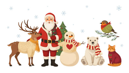 Pixel art santa claus with reindeer snowman polar bear and bird celebrating christmas © Mafijul