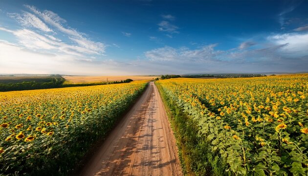 rural dirt road along the field of sunflowers picturesque sunflower field top view the rural landscape on a summer sunny day nature background