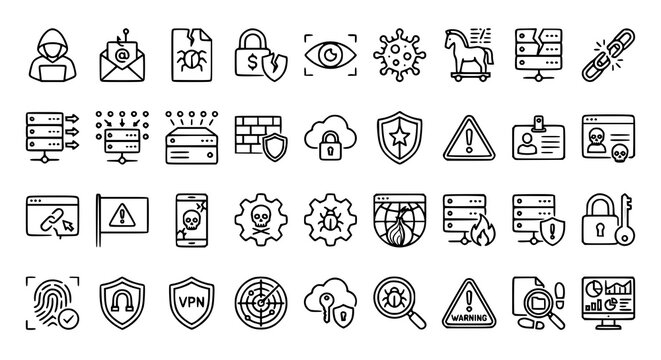 Cyber Attack Line Icons Pack Featuring Hacker Phishing Malware Network Security and Digital Protection Elements
