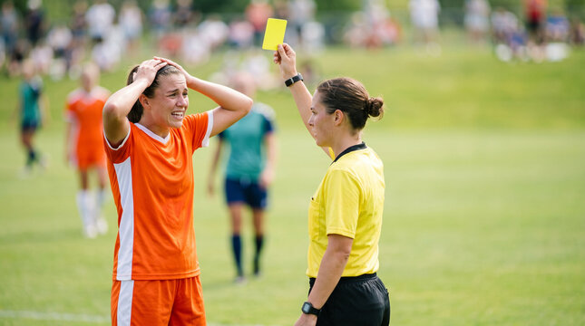 Soccer player receiving a yellow card while expressing surprise on field  