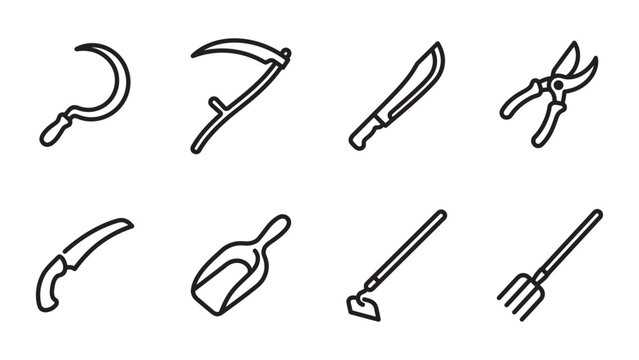 Set of various gardening and agricultural hand tools icons.