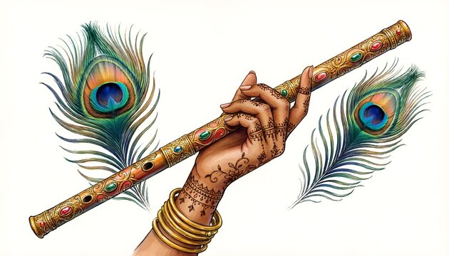 Elegant hand adorned with intricate henna patterns holding a beautifully crafted golden flute decorated with vibrant embedded gemstones while being framed by two magnificent 
