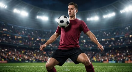 Naklejka premium Focused male soccer player in maroon jersey and black shorts skillfully balancing a soccer ball on his chest during a night game in a brightly lit stadium