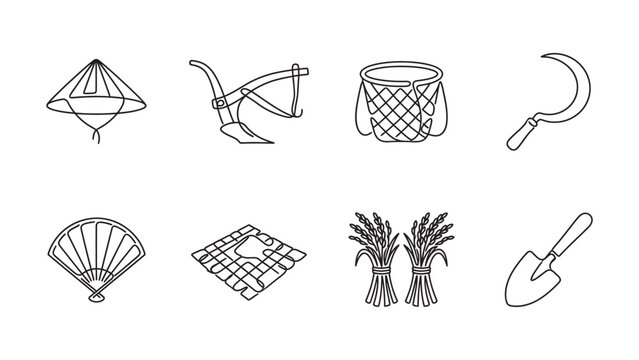 Set of outline icons representing traditional Asian agriculture and farming tools.